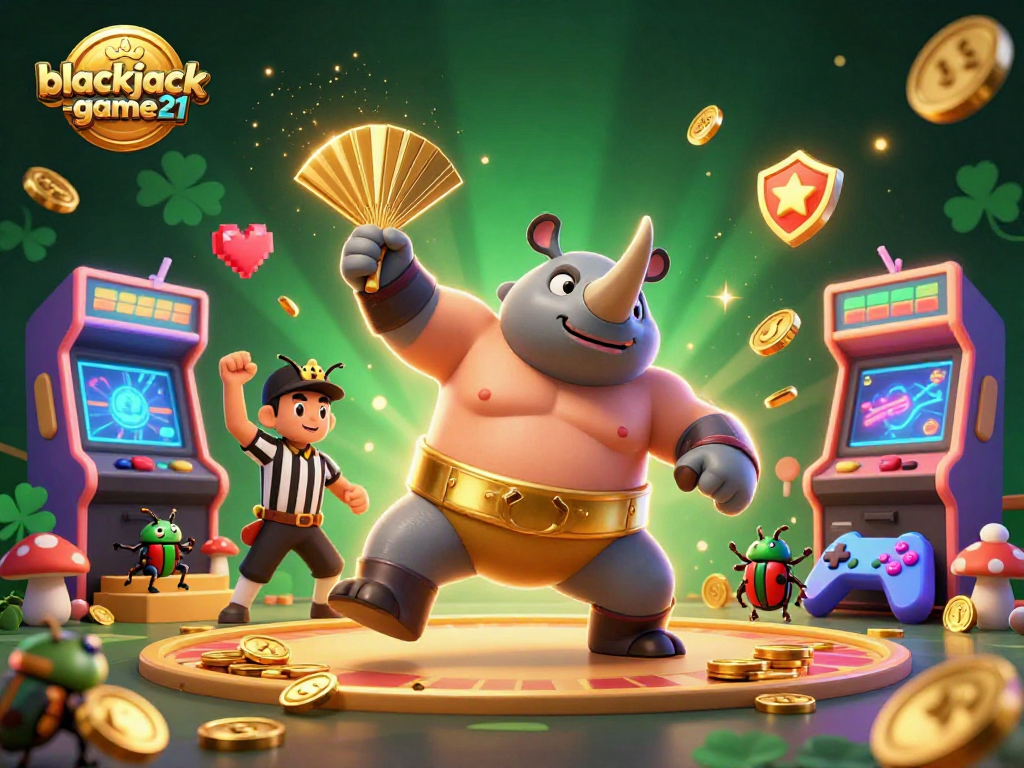 Experience blackjack-game21 thrills with cartoon beetles in an energetic casino scene.