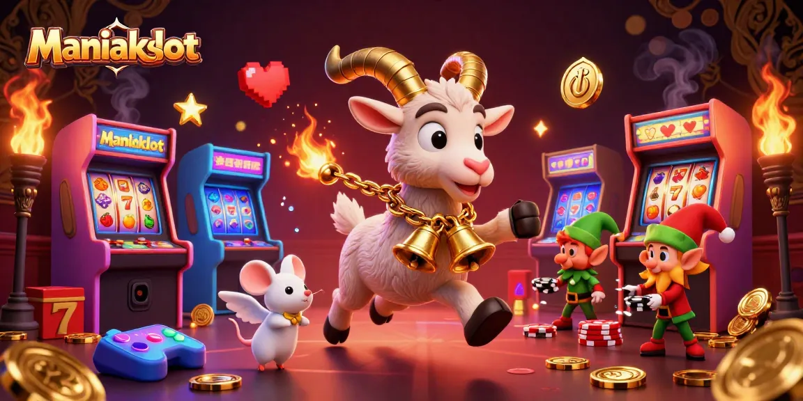 Play thrilling slot games at Maniakslot featuring Krampus and cheerful characters in an action-packed casino scene.