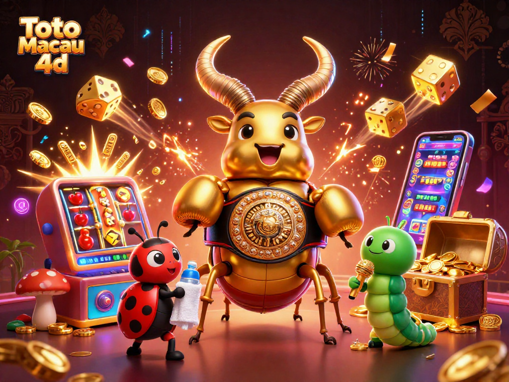 Toto Macau 4d showcases a vibrant 3D cartoon scene of a boxing beetle and casino elements bursting with excitement.