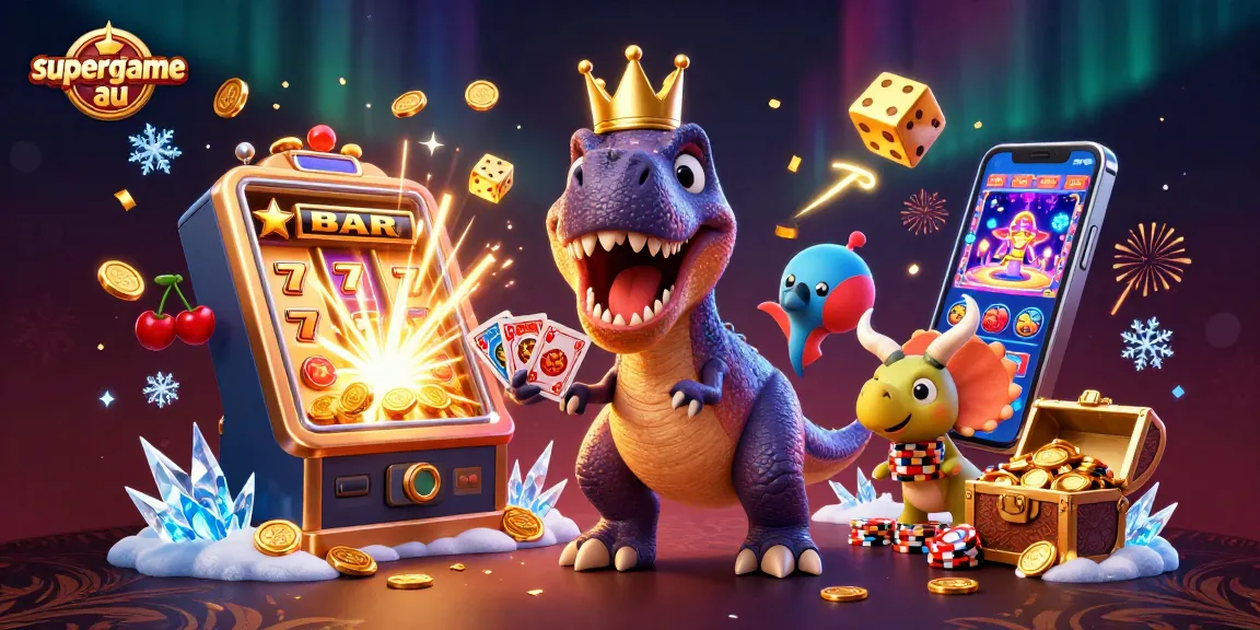 Play exciting games like slots with supergame au while characters shuffle cards and stack gold chips.