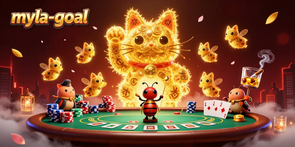 Experience the thrilling sensations of myla-goal with a vibrant lucky cat and casino symbols in a dynamic scene.