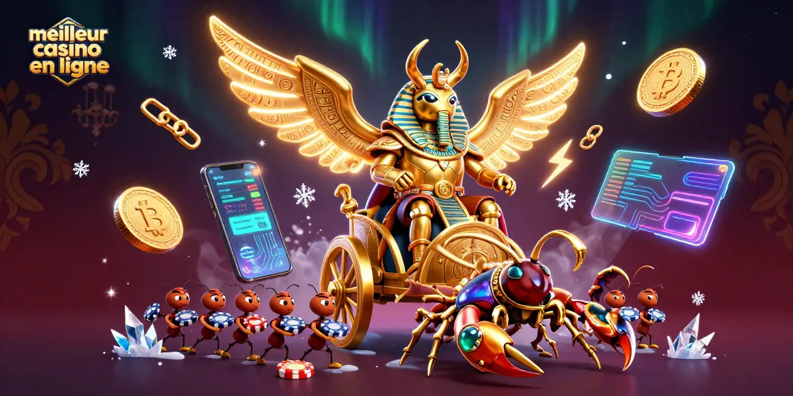 Jouer au meilleur casino en ligne avec des personnages dynamiques entourés de pièces de crypto-monnaies et d'éléments de jeu.