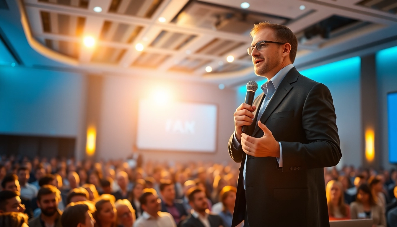 Keynote Speaker captivating audience with energetic presentation in a bright conference hall.