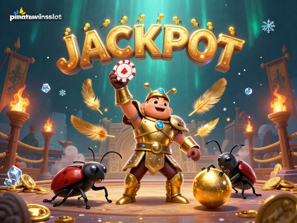 Engage with pinatawinsslot as a heroic beetle triumphantly lifts a poker chip, surrounded by a vibrant casino-themed backdrop.