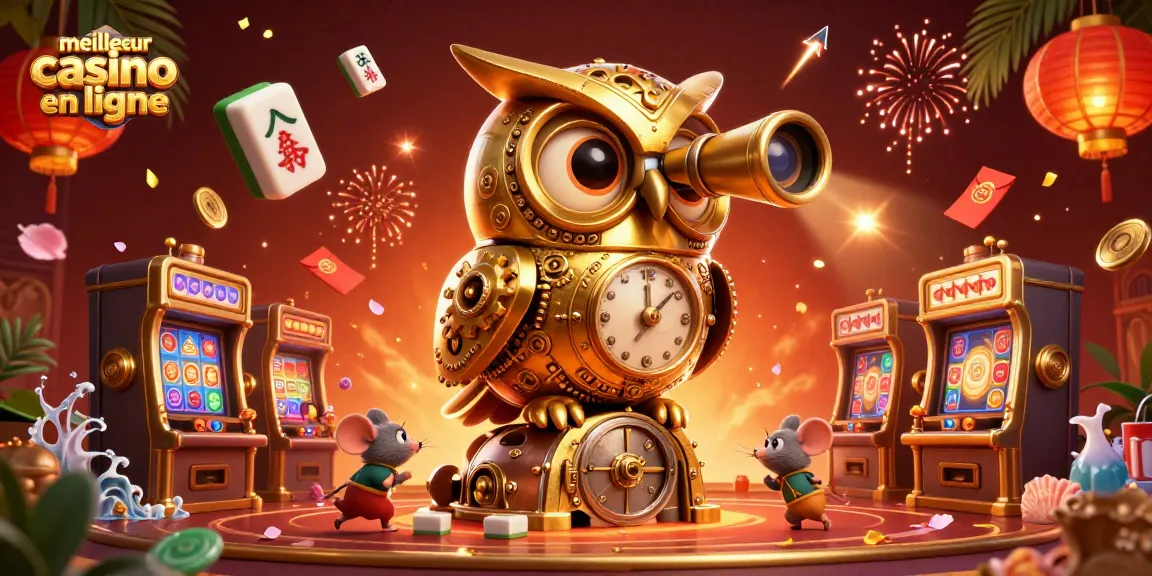 Image captivante d'un meilleur casino en ligne avec une chouette dorée et des machines à sous animées.