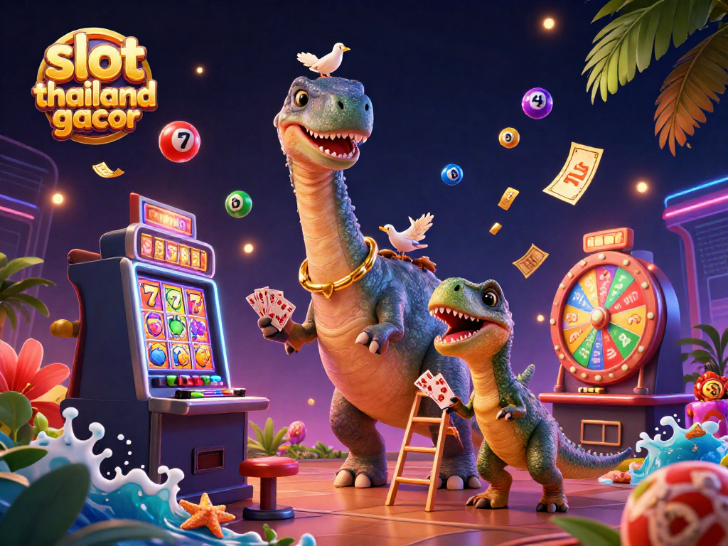 Experience excitement with slot thailand gacor featuring a brontosaurus and raptor in a casino scene.
