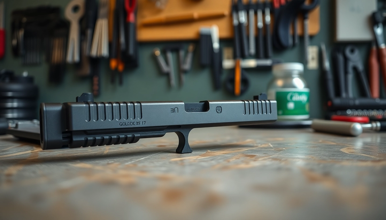 View a detailed glock 17 slide showcasing craftsmanship and precision on a workshop bench.