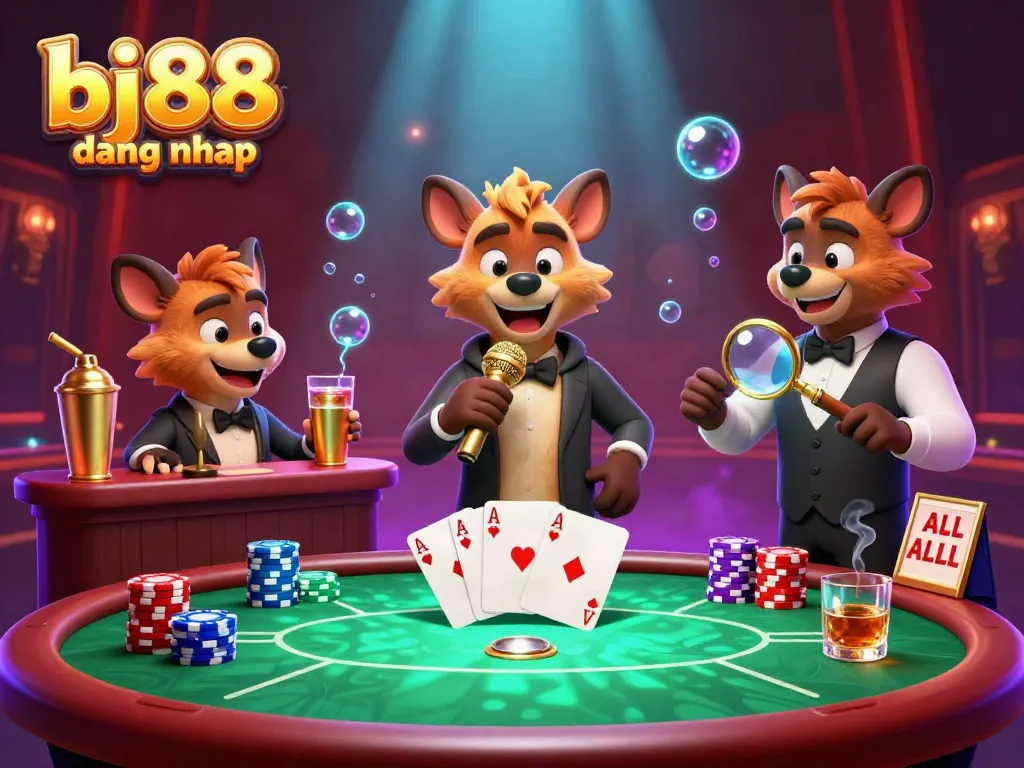 Experience the vibrant atmosphere of bj88 dang nhap casino with lively hyenas entertaining and mixing drinks, packed with gambling excitement.