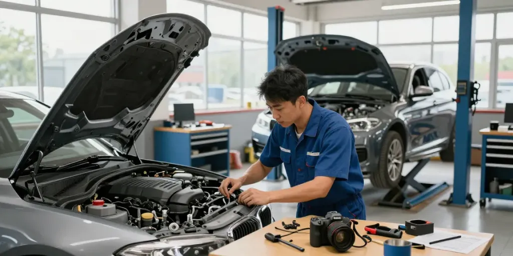 Mechaniker bei der Arbeit mit Steuerkettenwechsel in Hannover in einer gut beleuchteten Werkstatt.