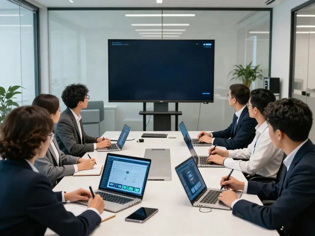 Deepfake protected meetings with professionals collaborating in a modern boardroom.