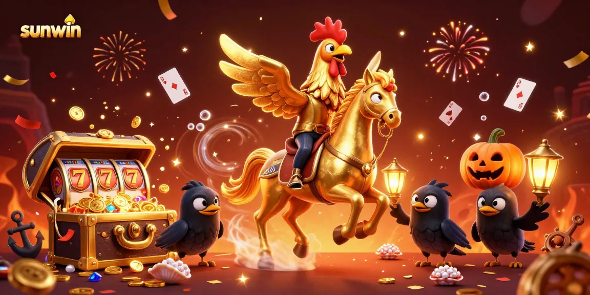 Experience the vibrant atmosphere of Sunwin's casino with a golden rooster riding through a magical scene.