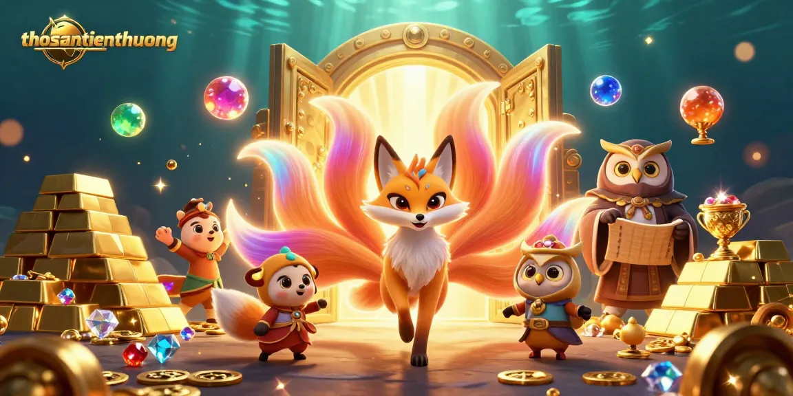 Engage with thosantienthuong's vibrant 3D scene showcasing jackpot treasures and mystical characters.