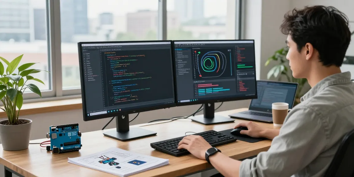 AI Detection software developer analyzing algorithms in a modern workspace with dual monitors