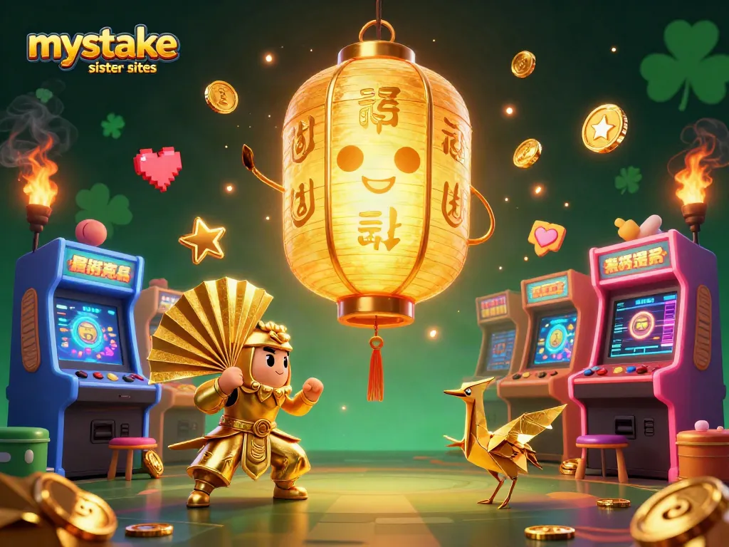 Engage with mystake sister sites for thrilling gaming experiences through colorful arcade machines and golden characters.