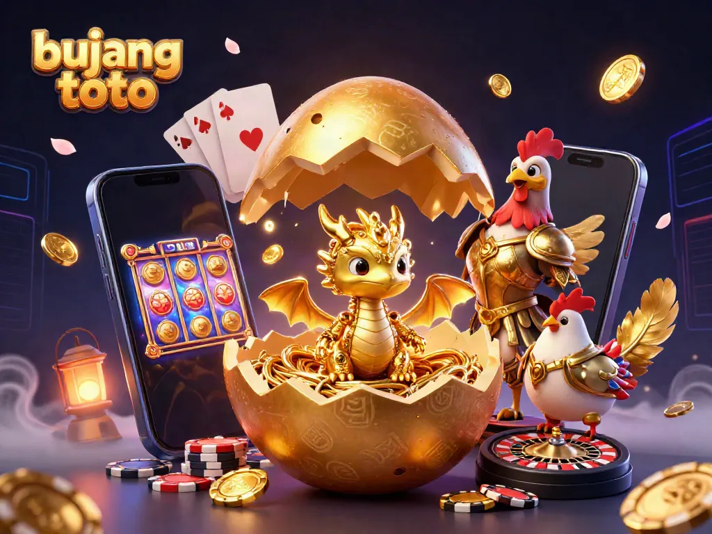 Engage with the vibrant world of bujang toto, featuring a golden baby dragon on poker chips amidst a colorful gaming scene.