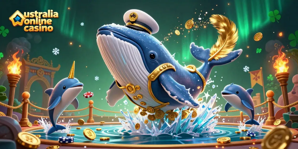 Play pokies at an australia online casino with a giant whale, narwhal, and dolphins.