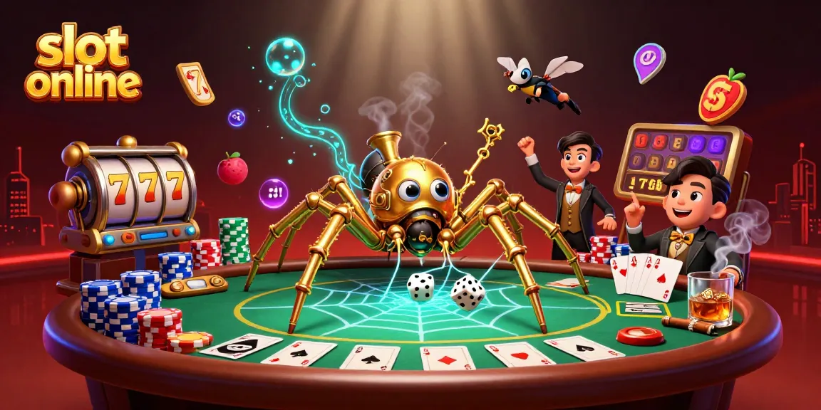 Engaging players in slot online games with a captivating steampunk spider and poker scene.