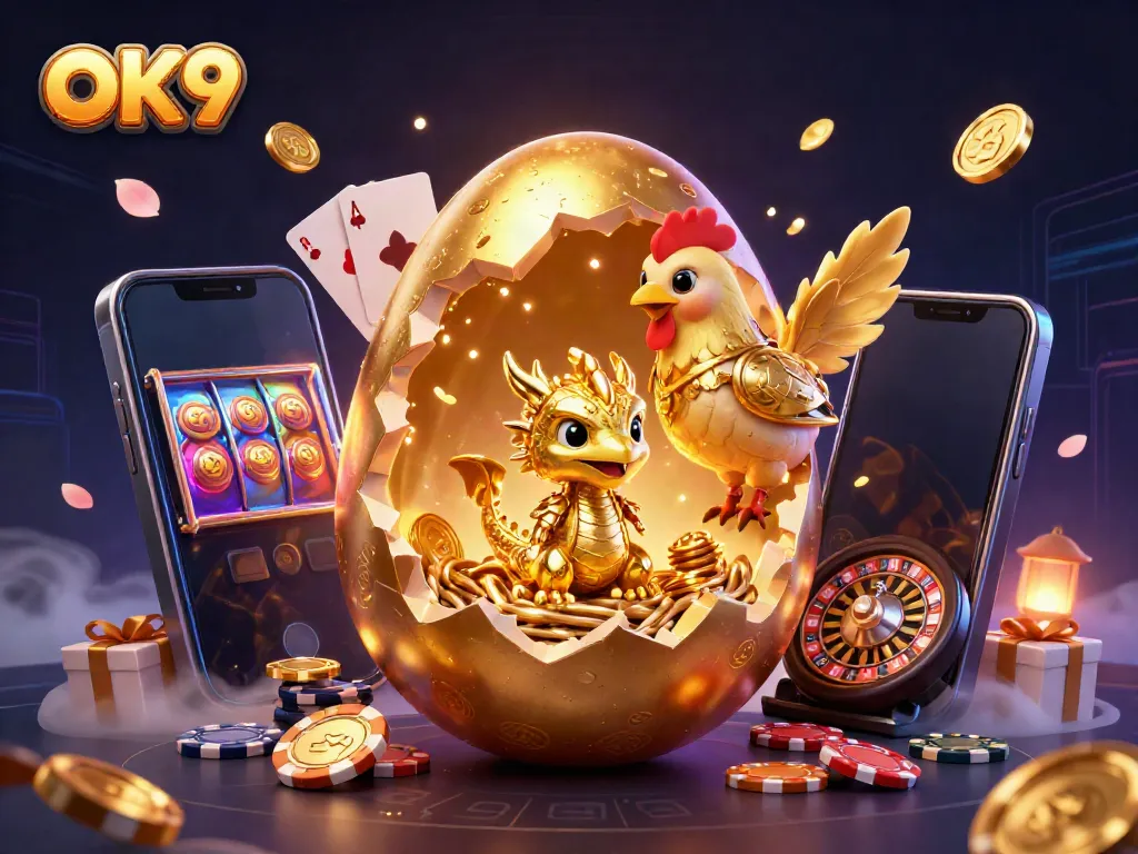 OK9 themed illustration showing a golden dragon, poker chips, and dynamic casino elements.