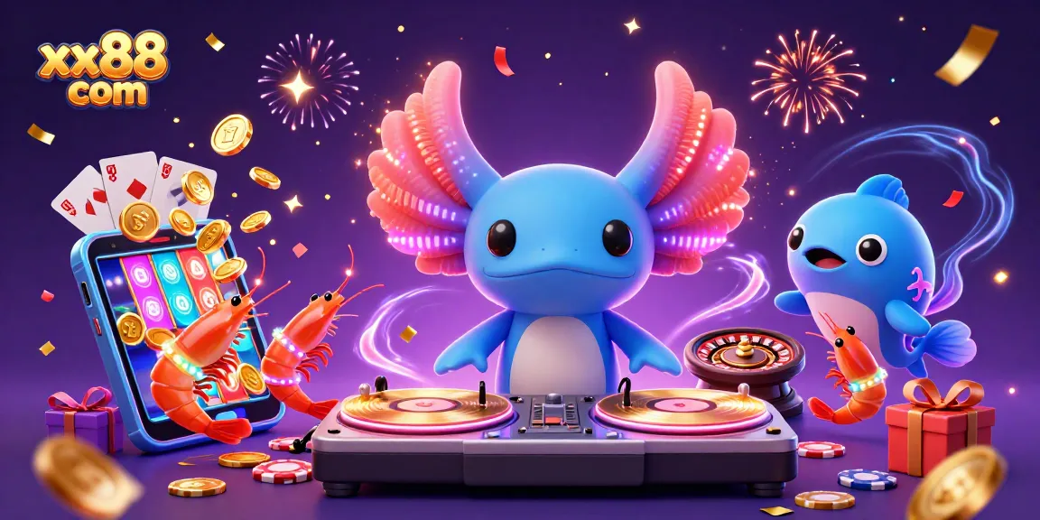 Engage in exciting slots with xx88 com, featuring a vibrant DJ, dancing shrimp, and gaming elements.