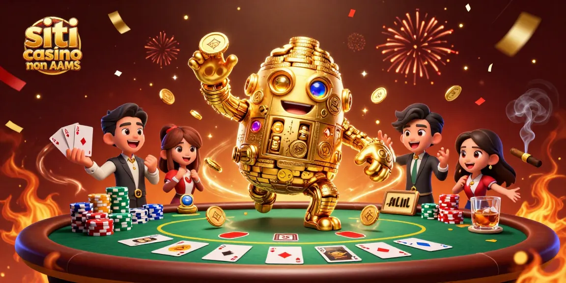Scopri i migliori siti casino non AAMS con un golem d'oro circondato da tavoli da poker e gettoni colorati.