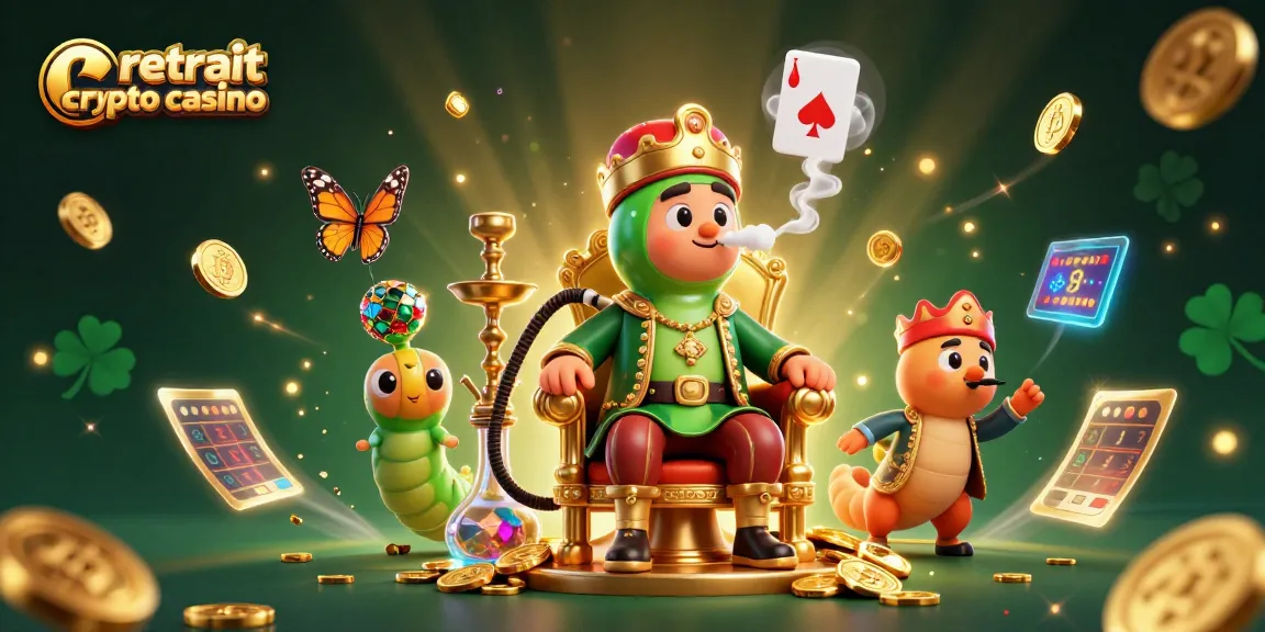 Retrait crypto casino: illustration dynamique d'un maître de la chicha, pièces en or, et éléments de blockchain.