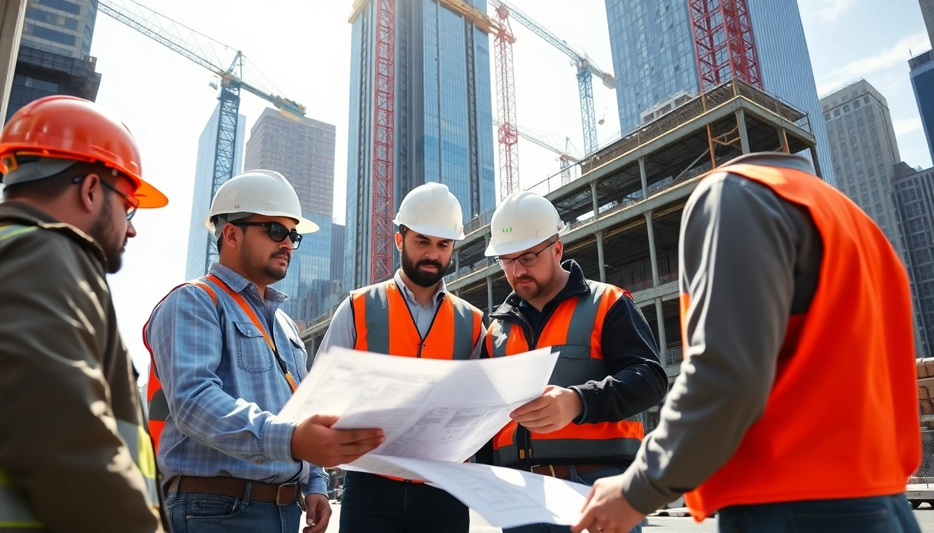 Team of New York Commercial General Contractors collaborating at a construction site.