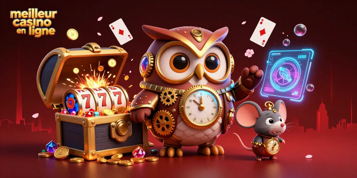 Apprenez les secrets du meilleur casino en ligne avec cette illustration d'un hibou voyageur dans un casino steampunk.