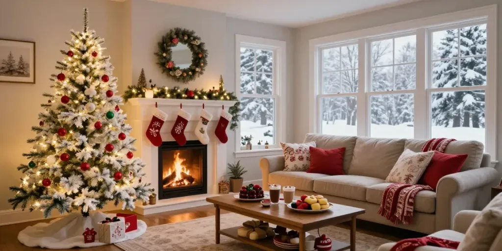 Artificial white xmas trees glowing with festive decorations in a cozy living room setting.