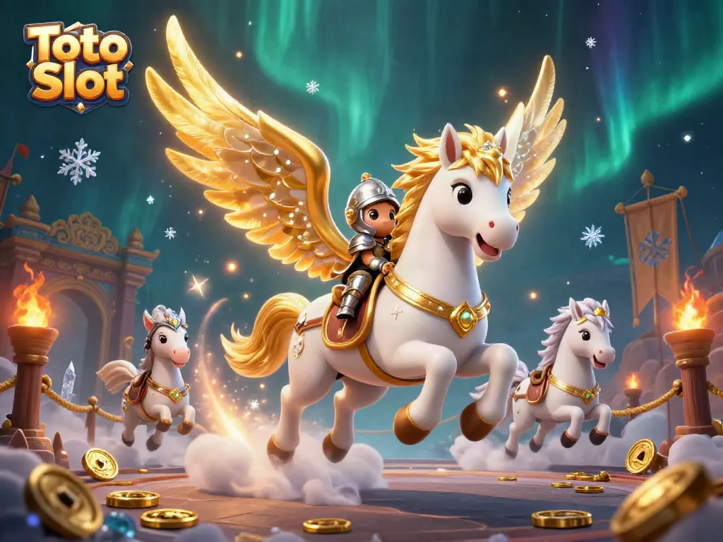 Gambarkan pengalaman bermain Toto Slot dengan kuda putih berkanat emas dan raja berkuda di arena berapi-api.