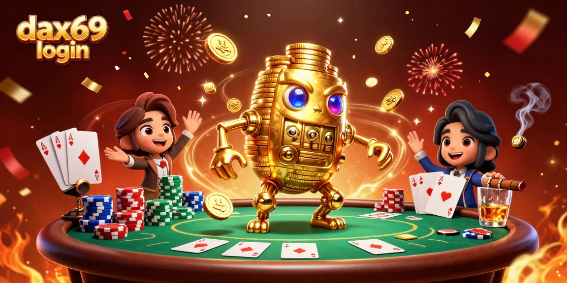 Menyaksikan permainan menarik di dax69 login dengan golem emas dan tumpukan chip poker yang megah.