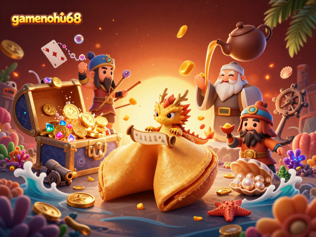 Engage with gamenohu68's vibrant 3D casino scene featuring a wise dragon and fortune cookie.