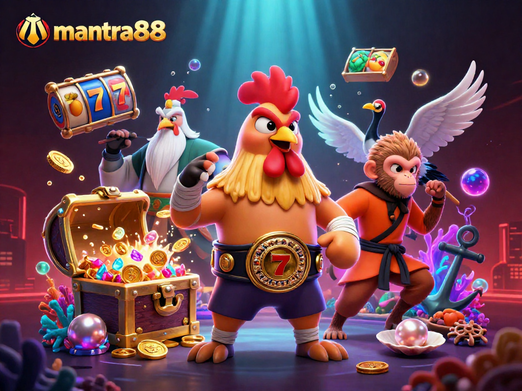 Engage with mantra88's thrilling games featuring a vibrant scene of characters and slot reels.