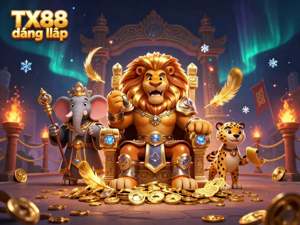 Experience the excitement of TX88 đăng nhập with a 3D cartoon lion king and vibrant casino elements.