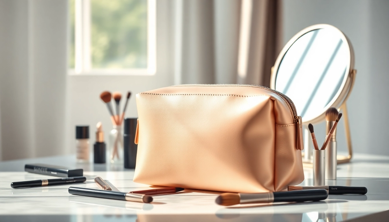 Showcase the skone cosmetics signature makeup bag with elegant styling and makeup tools.