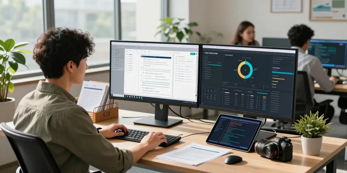 Dynamic document fraud detection workspace with analysts reviewing digital data on dual screens.