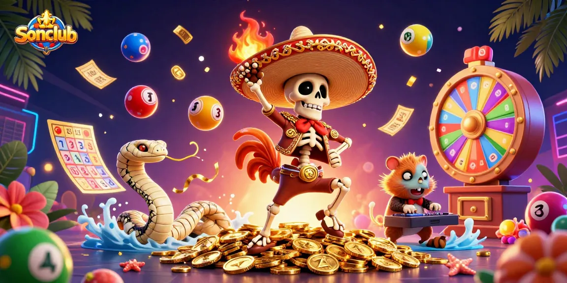 Engage with sonclub's thrilling fun as a victorious skeleton dances on coins amidst colorful lottery elements.