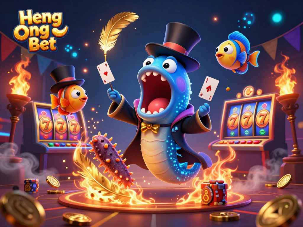 Engage in exciting card tricks with Heng Ong Bet in this magical casino illustration.