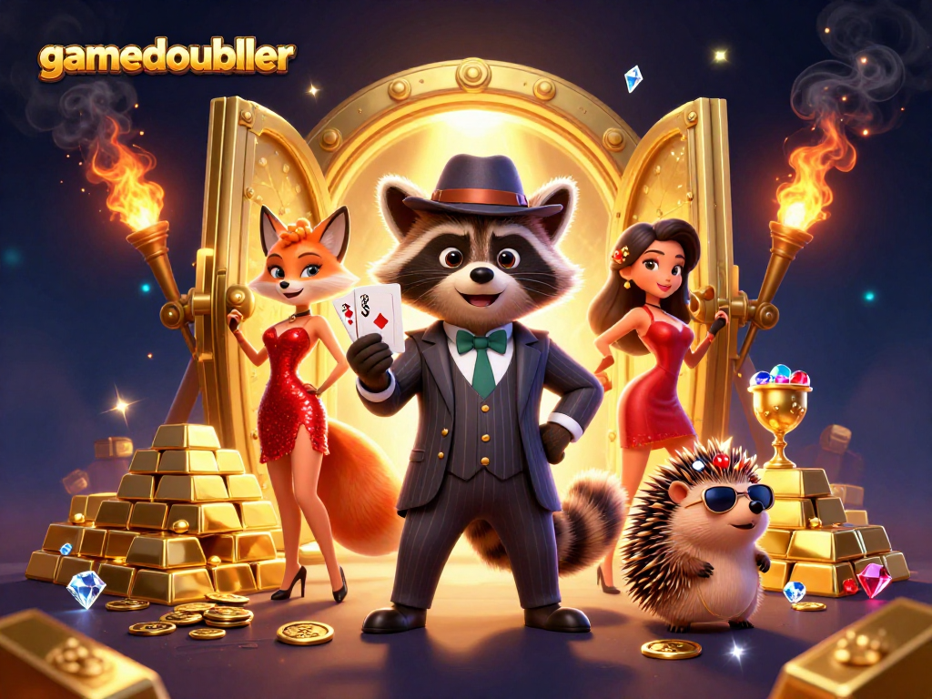 Experience gamedoubler's thrilling moments with suave raccoon, fox, and hedgehog in a vibrant casino setting.