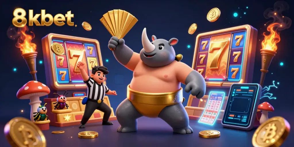 Experience the energy of 8kbet with a 3D cartoon rhinoceros beetle sumo champion in a casino scene filled with golden coins and slot machines.