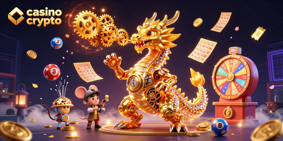 Explorando el casino crypto con un dragón dorado y elementos vibrantes de juego.