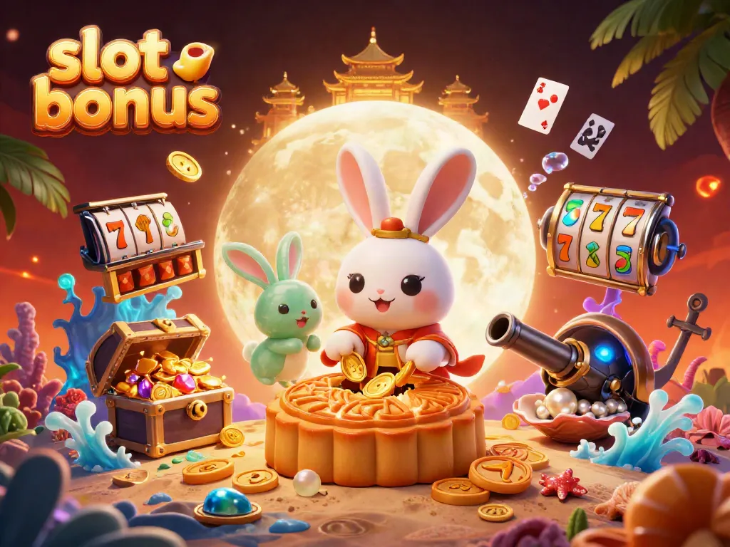 Engage with thrilling slot bonus features in this vibrant 3D illustration of a mythical moon rabbit.