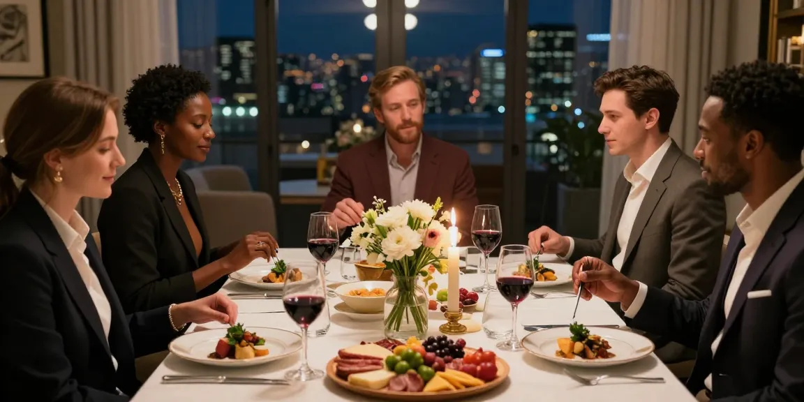Suasana perayaan mewah dengan luxury111, tamu berpakaian elegan menikmati hidangan gourmet di meja yang indah.