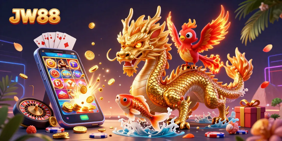 Experience thrilling gaming at JW88, featuring a fierce dragon and vibrant slot machine elements.