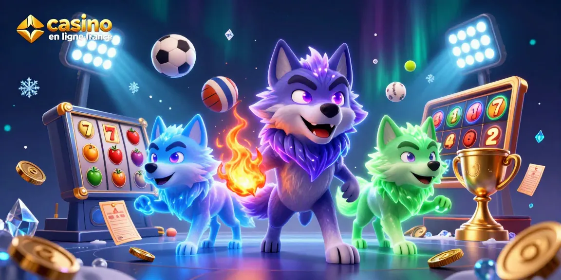 Gagnez au casino en ligne France avec des jeux de hasard illustrés par des loups et les éléments du jeu.