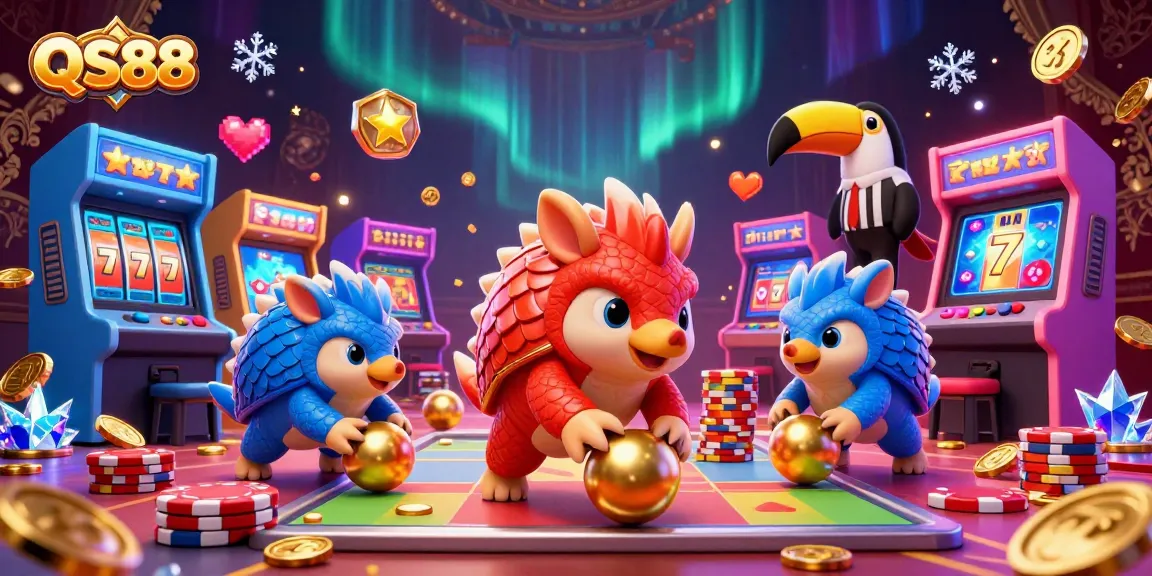 Watch QS88 pangolins compete in a thrilling jackpot bowling game amidst vibrant 3D casino elements.