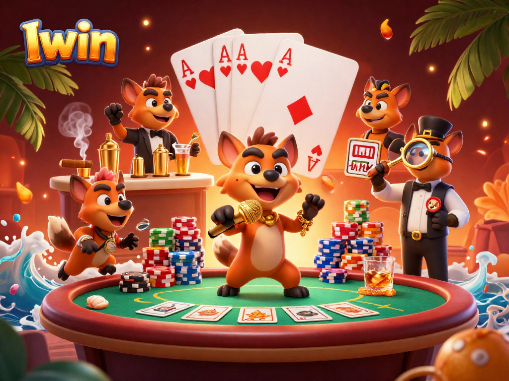 Iwin hyenas host a lively casino scene with vibrant poker elements and energetic ambiance