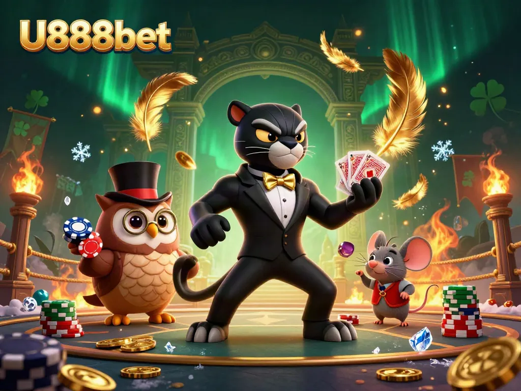 Experience thrilling gameplay as U888bet's stylish panther deals cards surrounded by vibrant casino elements.
