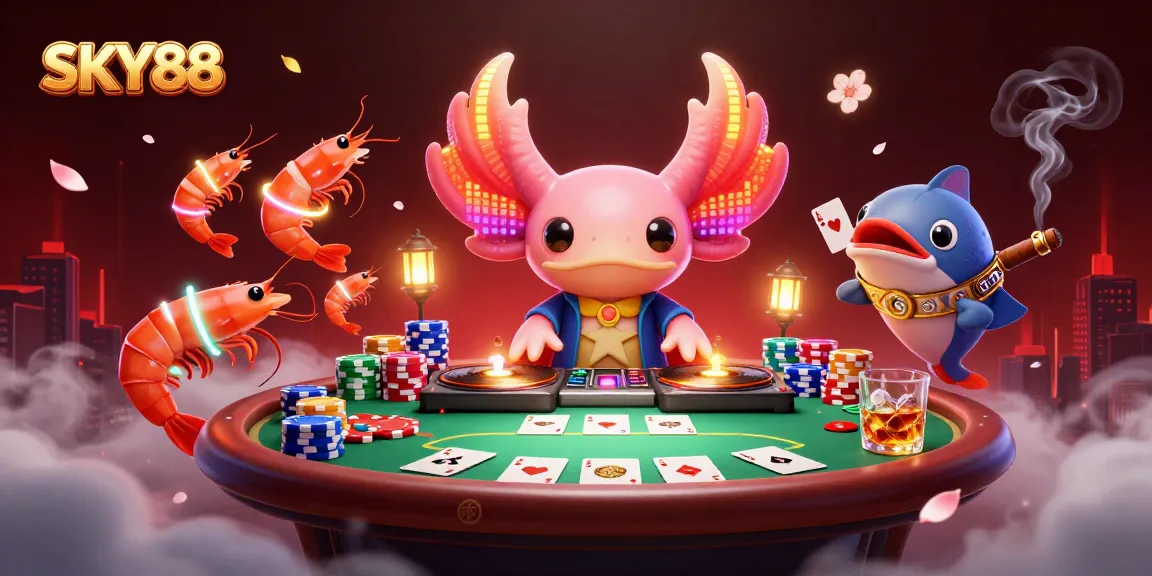 Experience vibrant action with SKY88 as a neon axolotl DJ spins tunes at an energetic poker party.