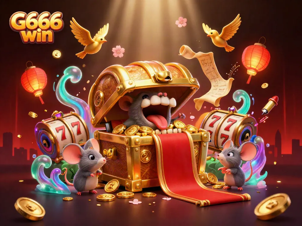 Engage in thrilling gameplay with G666 win, featuring a vibrant treasure chest and slots.