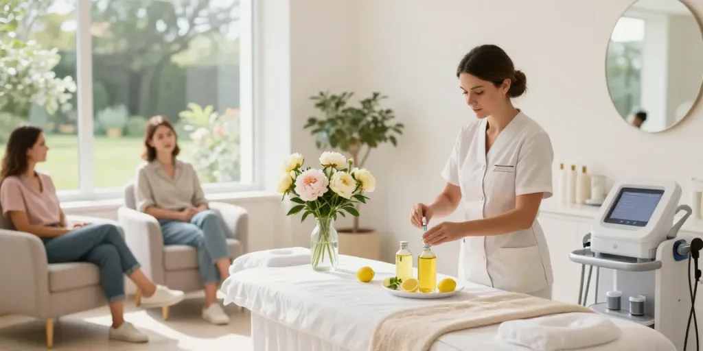 Lemon bottle peptide injection preparation in a calming wellness studio environment.